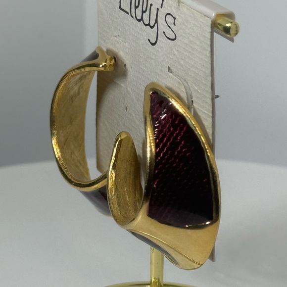 Vintage Unique Gold and Burgundy  Crescent Hoop Earrings NWT - Picture 7 of 9
